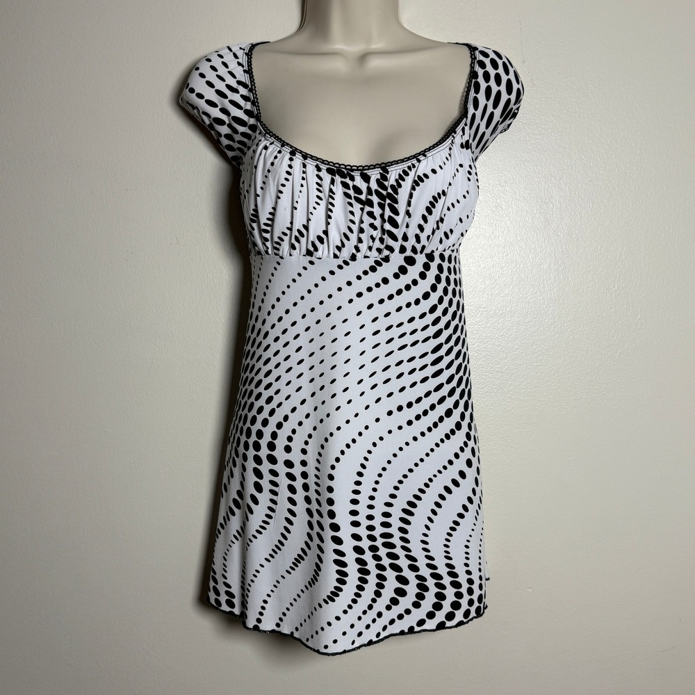Heart Soul VTG Babydoll Top L Black White Dotted Cap Sleeve Tunic Y2K Fairycore